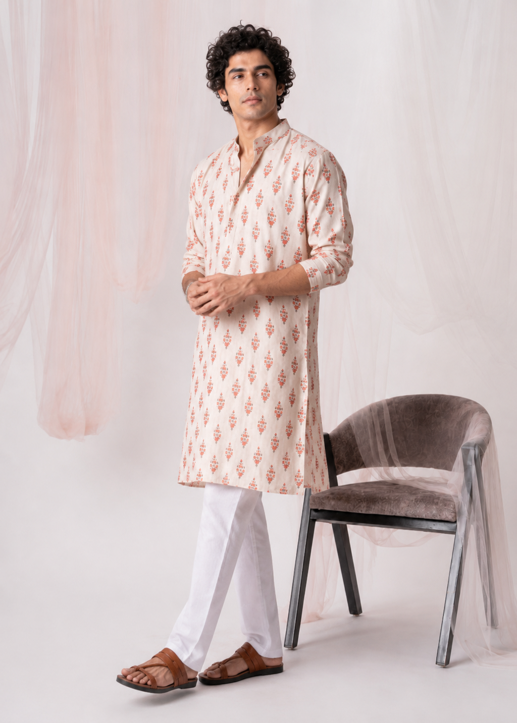 Off-White Floral Festive Kurta Trouser Set