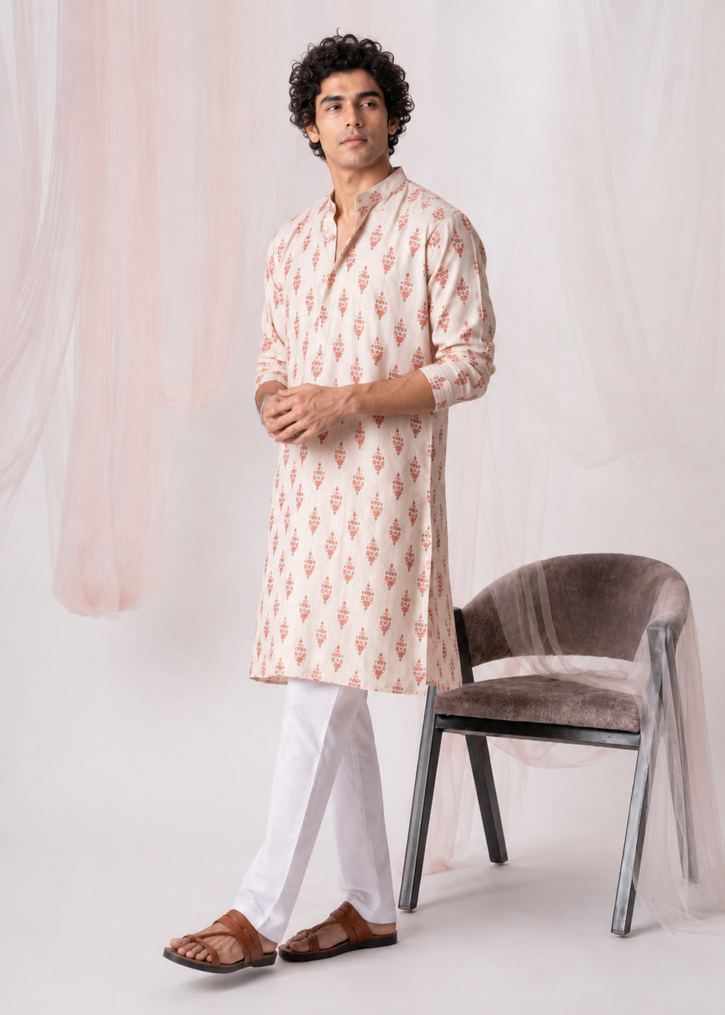 Off-White Floral Festive Kurta Trouser Set