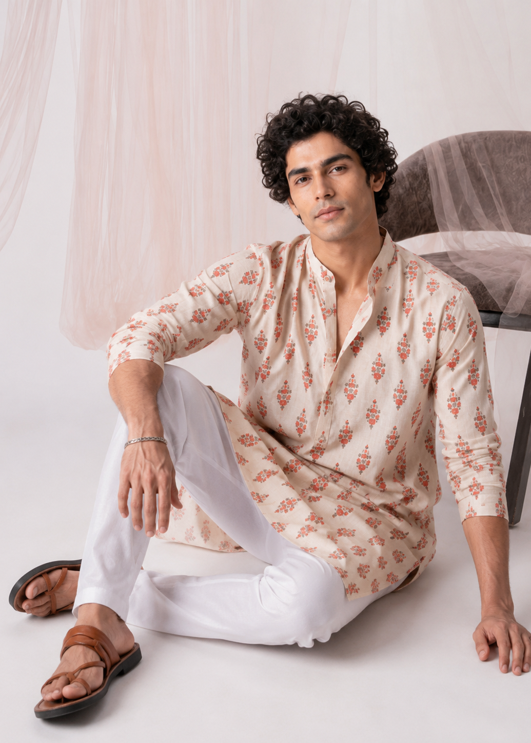 Off-White Floral Festive Kurta Trouser Set