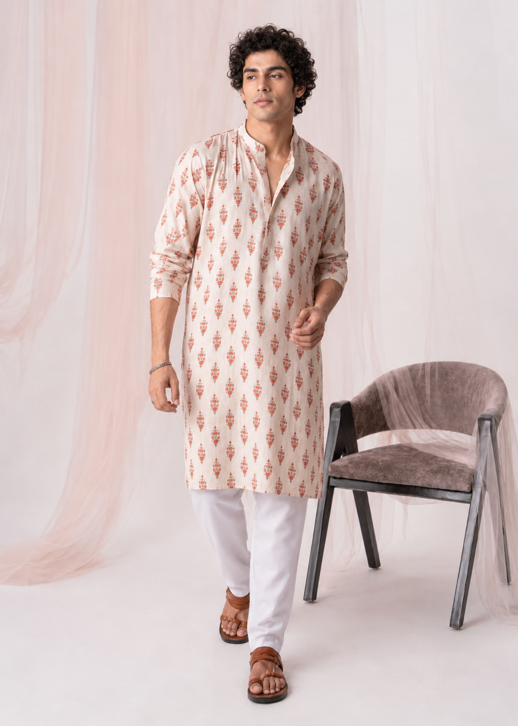 Off-White Floral Festive Kurta Trouser Set