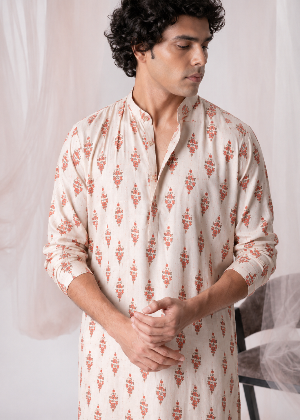 Off-White Floral Festive Kurta Trouser Set