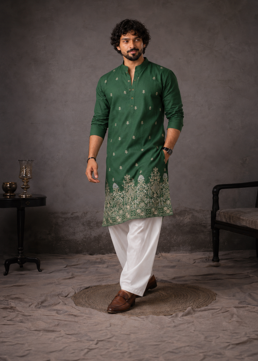 Heritage Green Ethnic Kurta Trouser with Intricate Embroidery