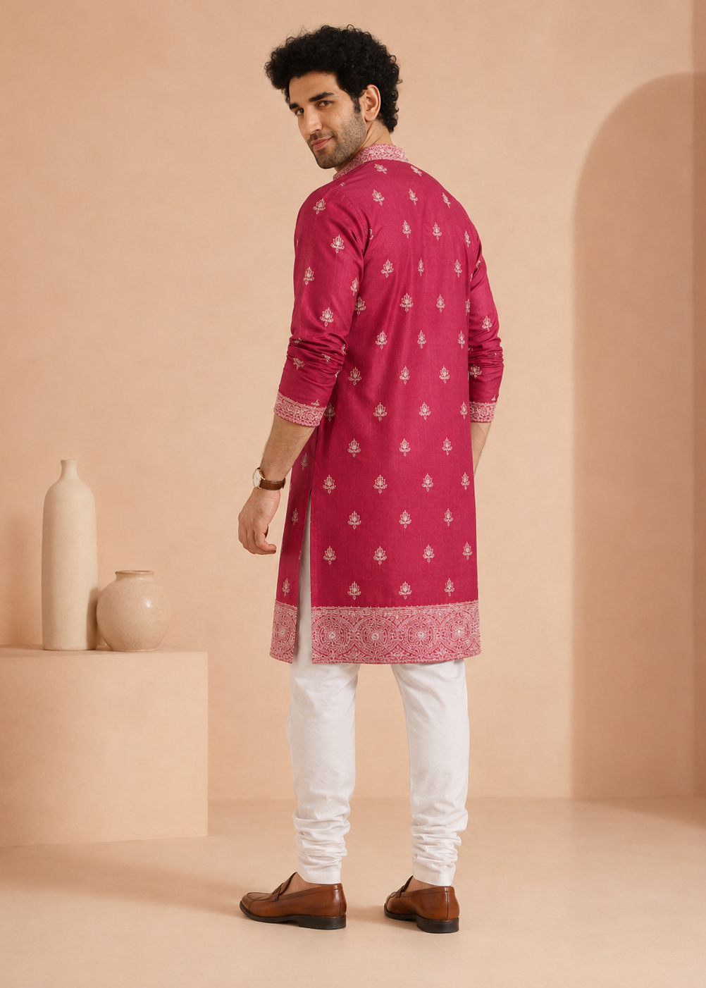 Hot Pink Silk Blend Embroidered Kurta Trouser Set