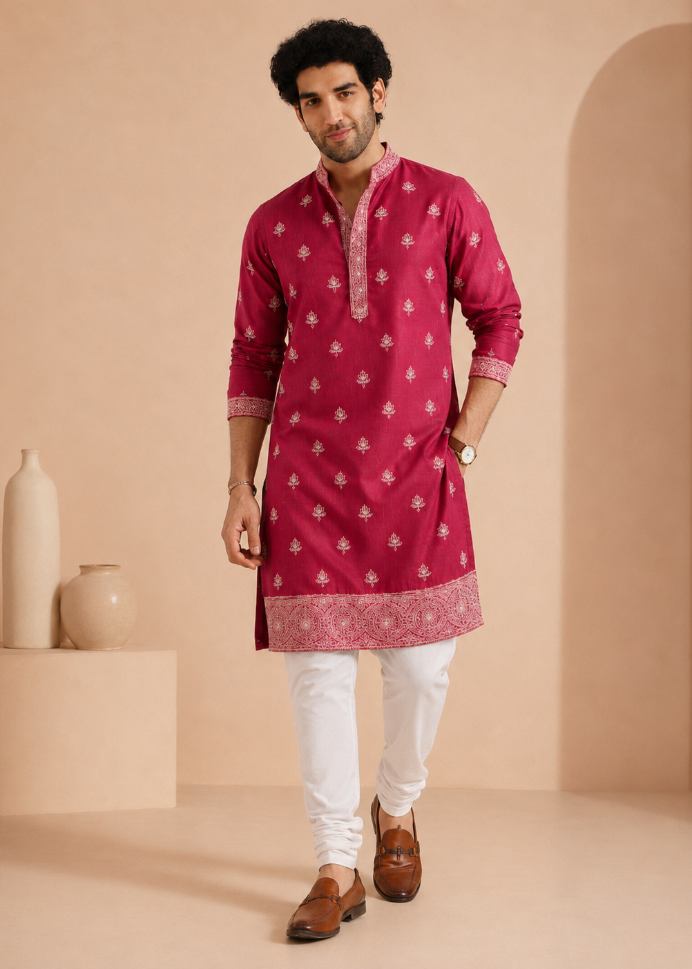 Hot Pink Silk Blend Embroidered Kurta Trouser Set