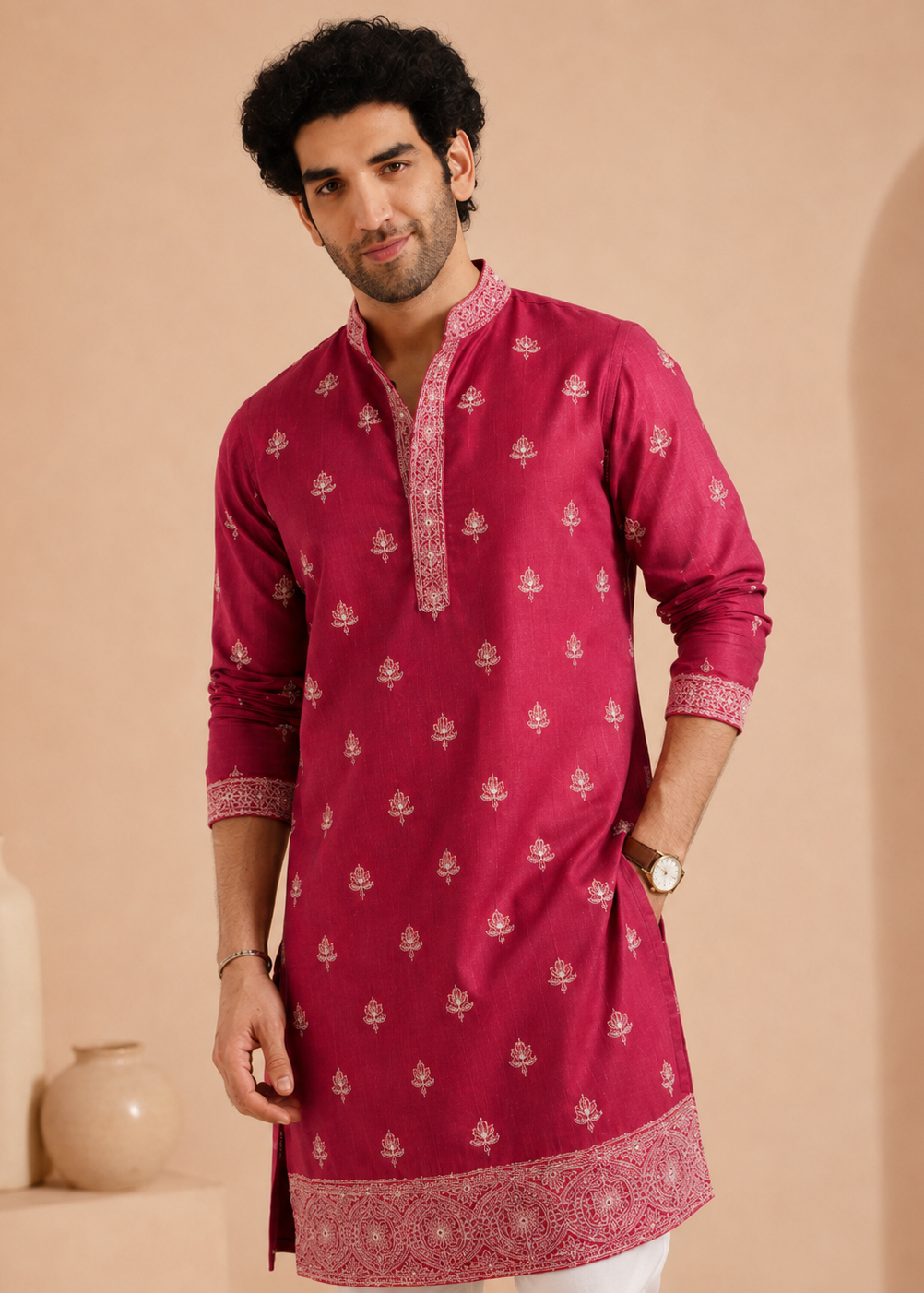 Hot Pink Silk Blend Embroidered Kurta Trouser Set