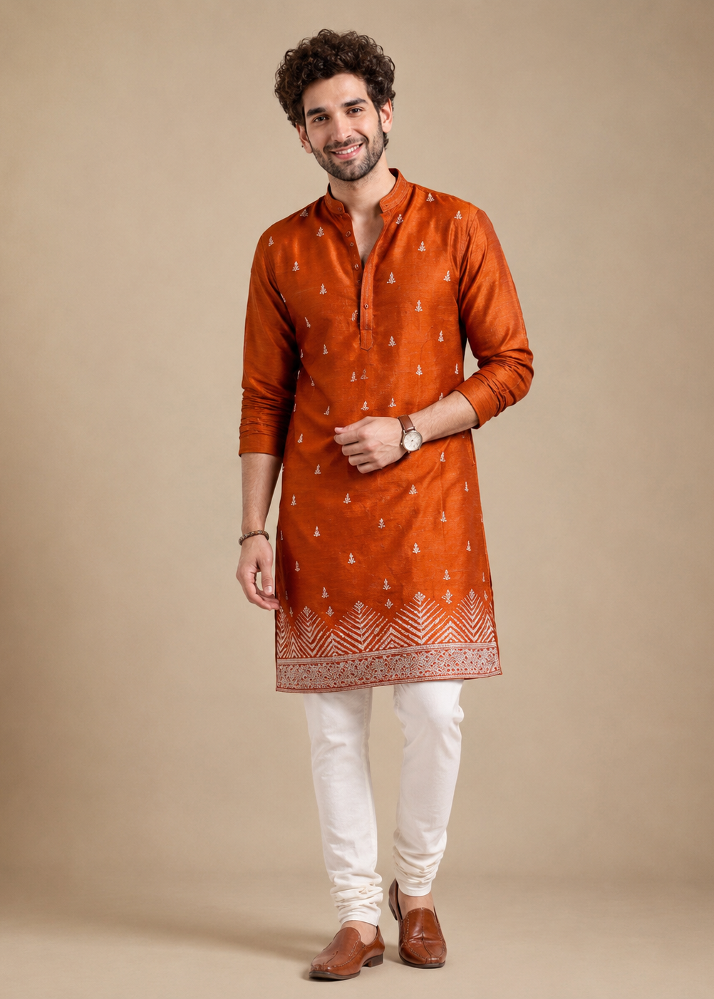 Orange Velvet Embroidered Kurta Trouser with Allover Buta Design