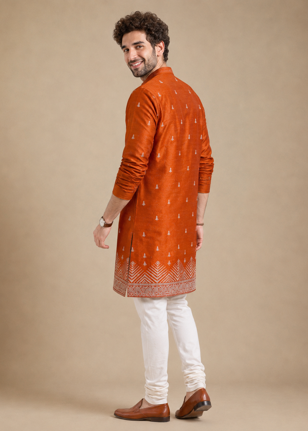 Orange Velvet Embroidered Kurta Trouser with Allover Buta Design