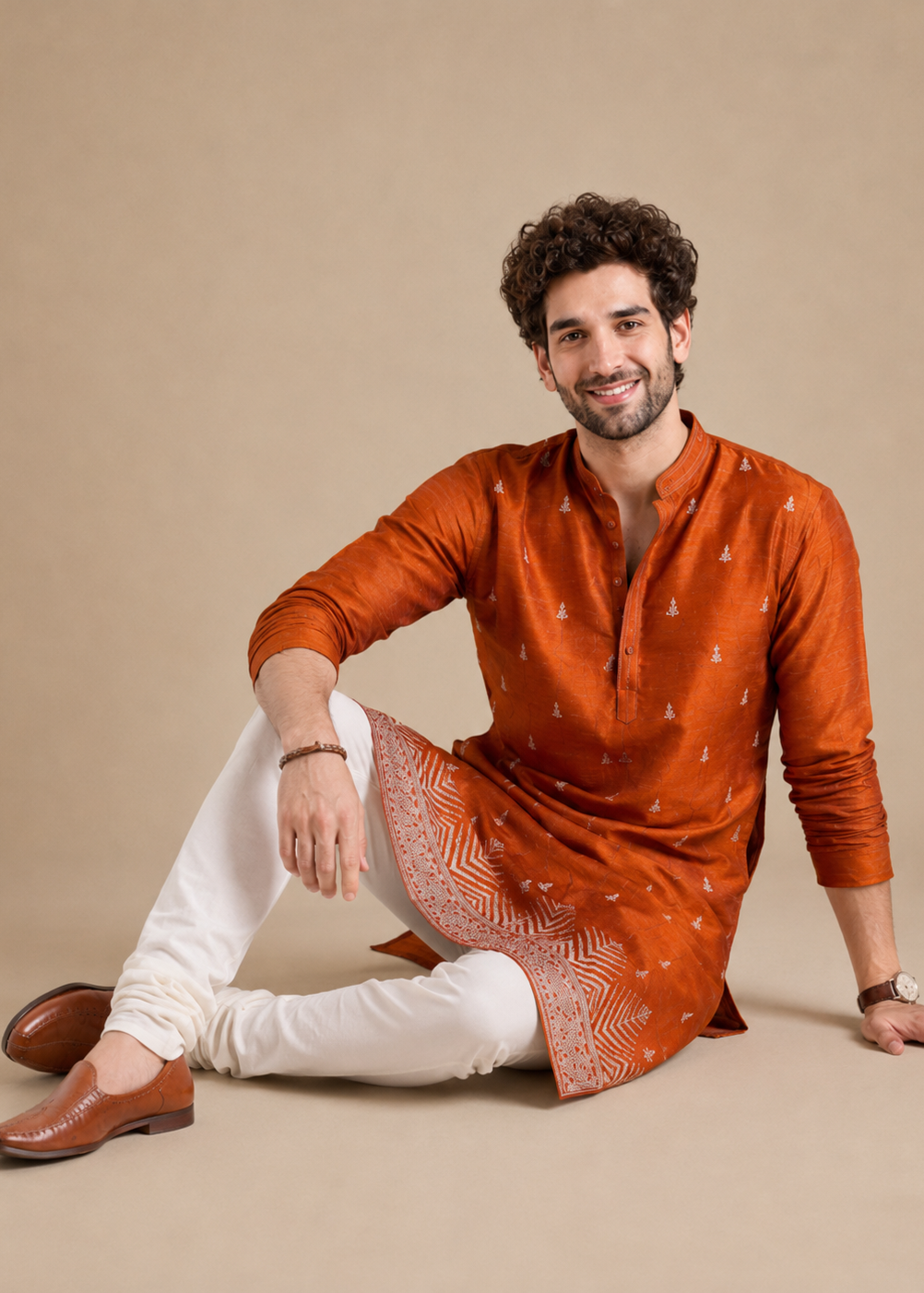 Orange Velvet Embroidered Kurta Trouser with Allover Buta Design