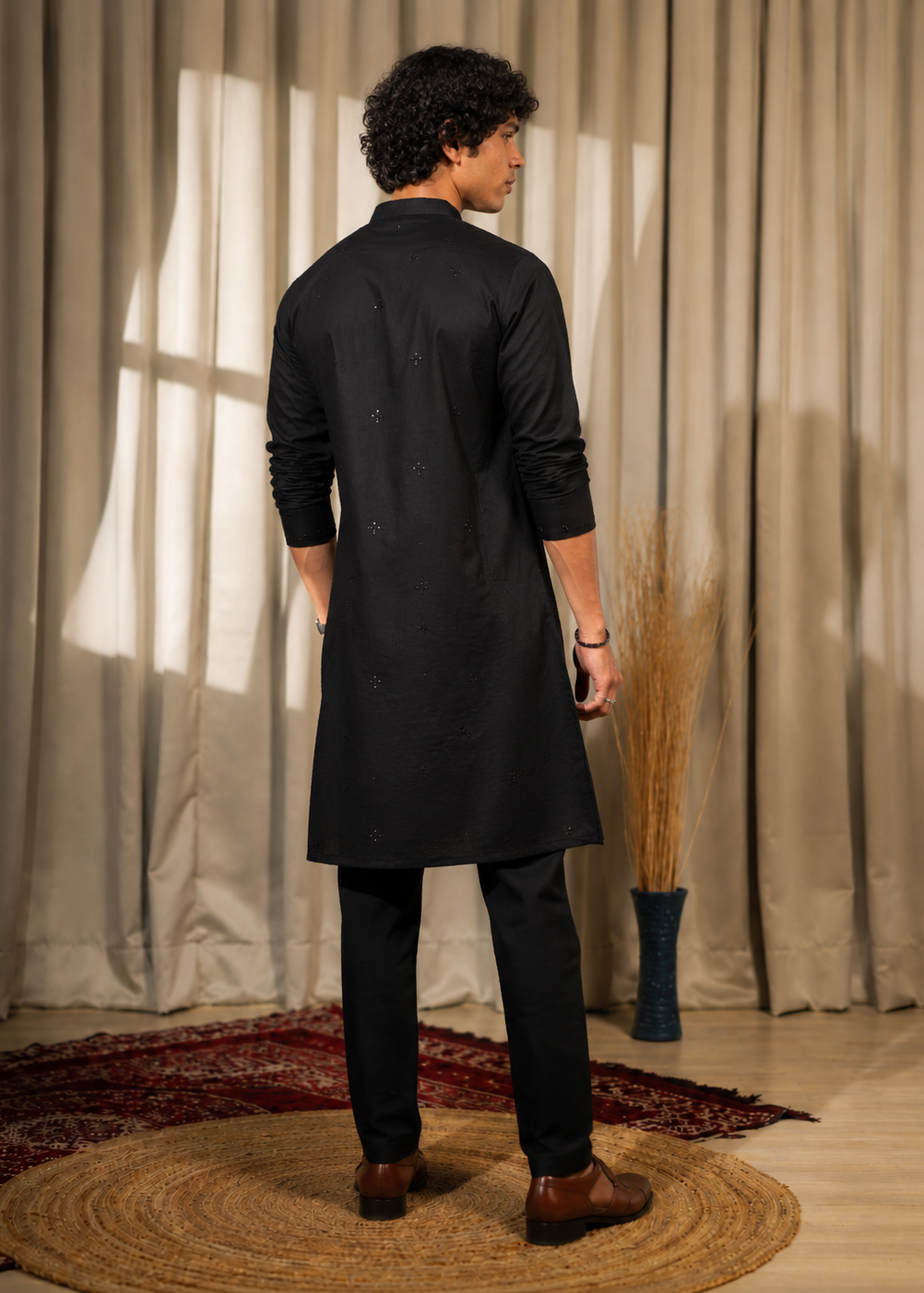 Black Cotton Mirror Work Kurta Trouser Set