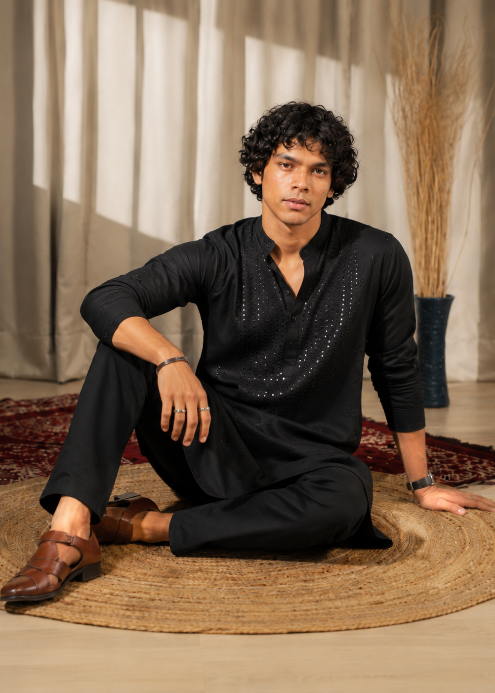 Black Cotton Mirror Work Kurta Trouser Set