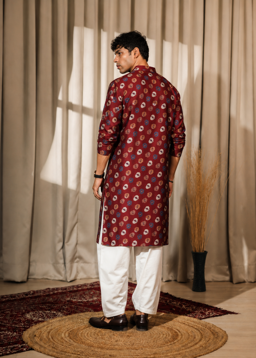 Men Maroon Floral Kurta Trouser Set