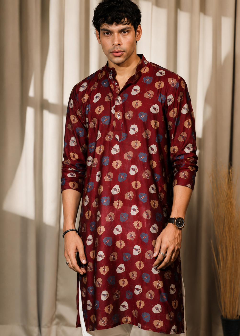 Men Maroon Floral Kurta Trouser Set