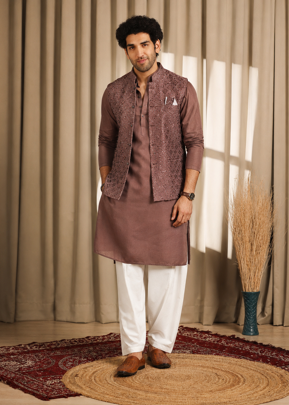 Brown Mauve Kurta Jacket Trouser Set