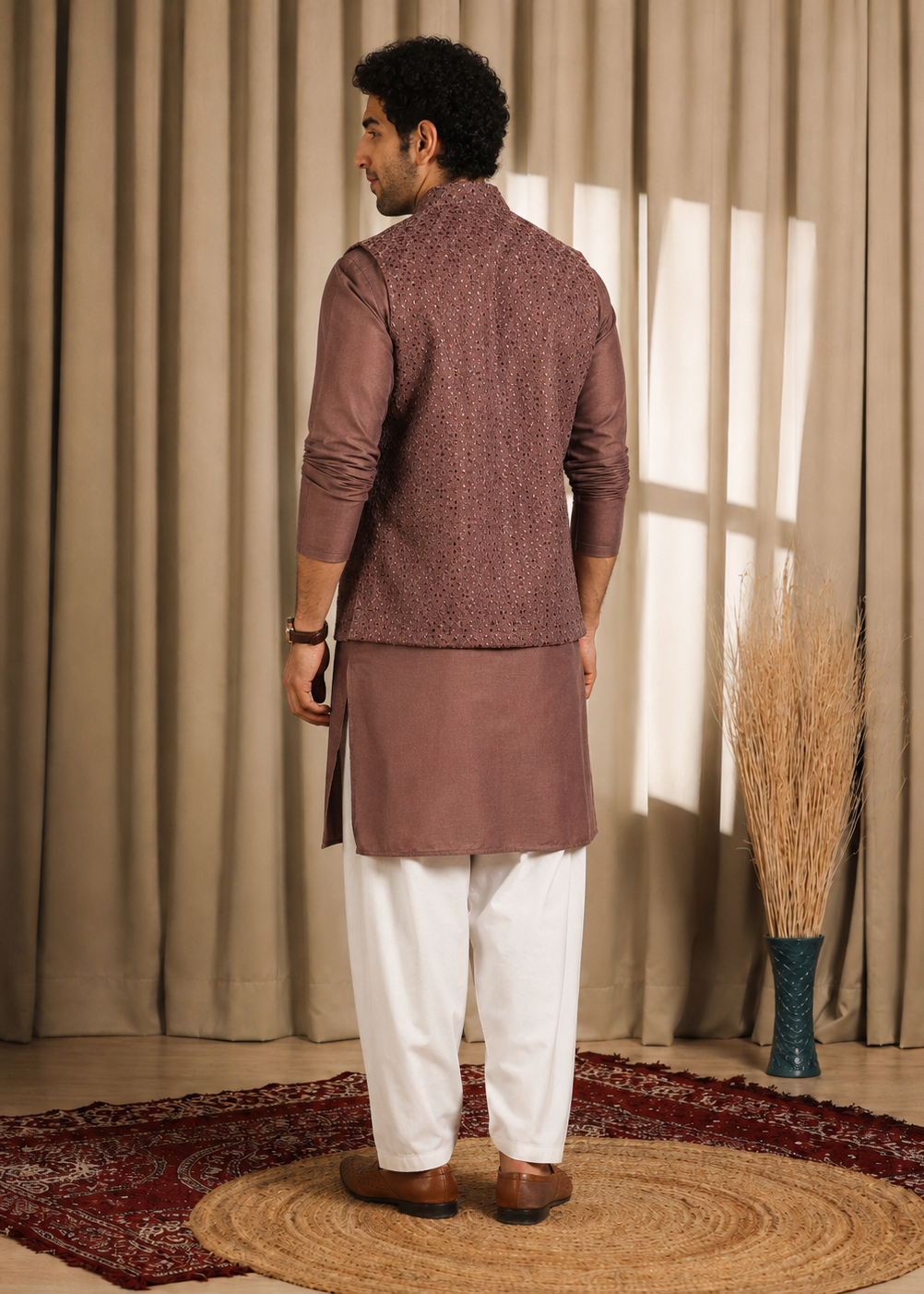 Brown Mauve Kurta Jacket Trouser Set