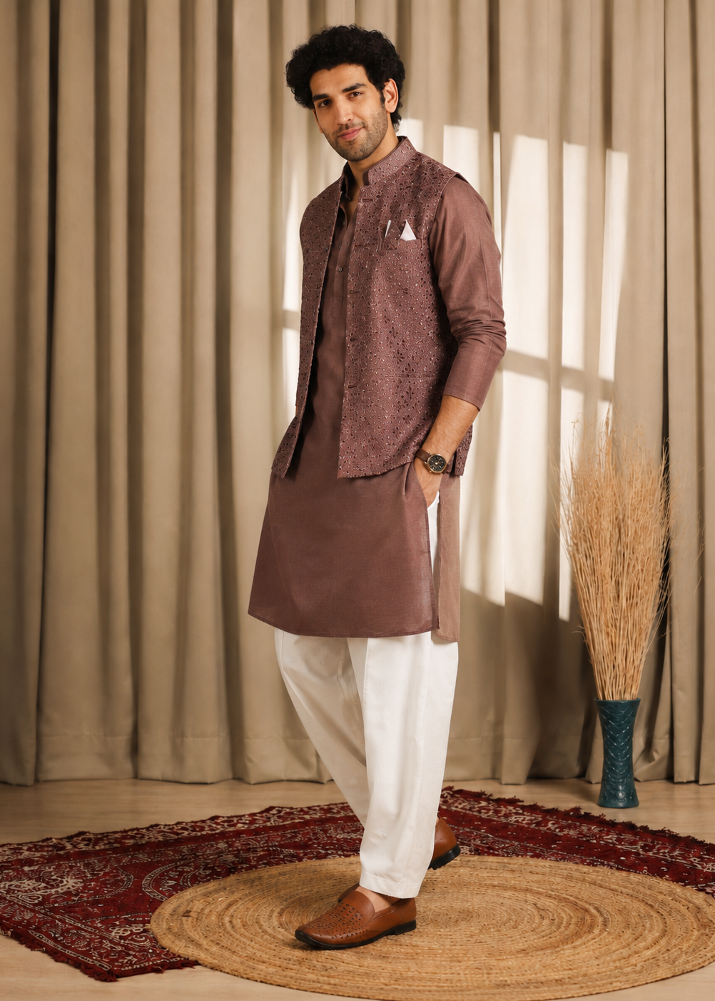 Brown Mauve Kurta Jacket Trouser Set