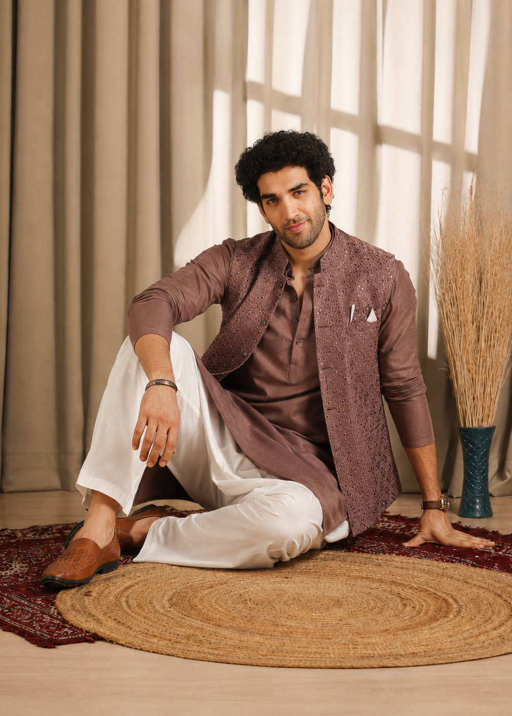 Brown Mauve Kurta Jacket Trouser Set