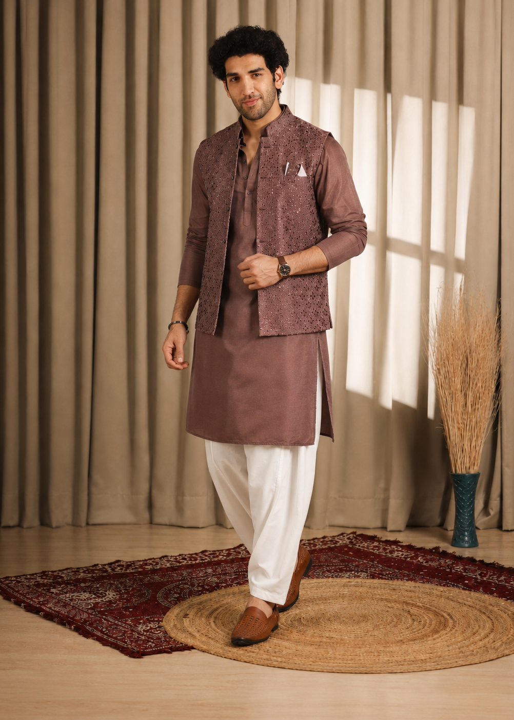 Brown Mauve Kurta Jacket Trouser Set