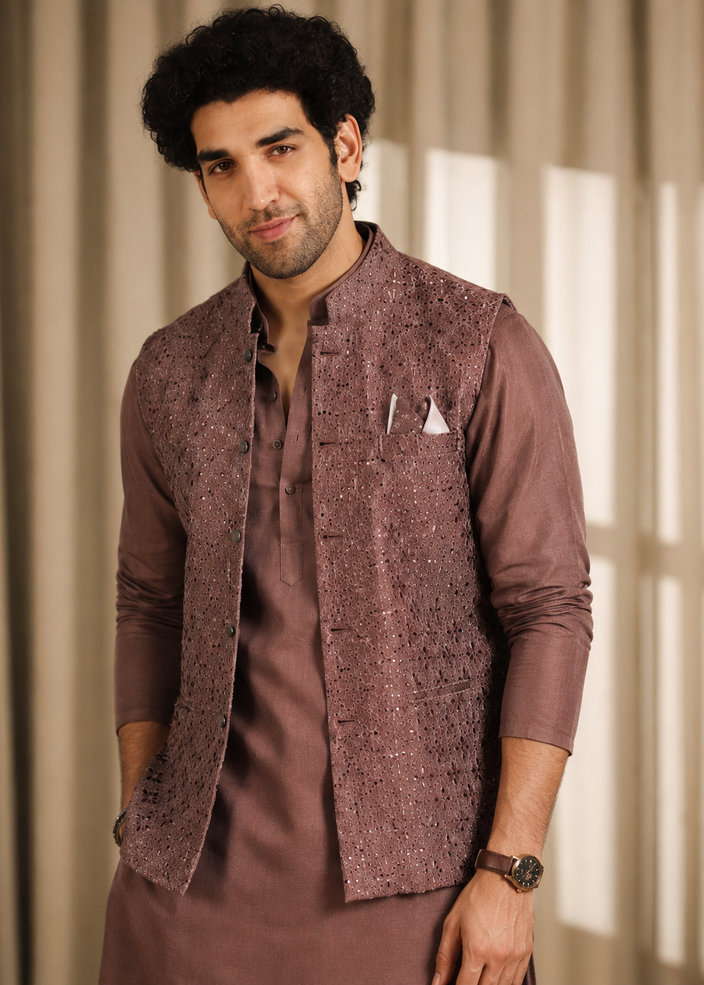 Brown Mauve Kurta Jacket Trouser Set
