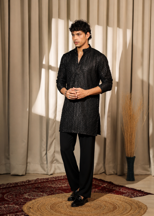 Black Shimmer Festive Kurta Trouser Set