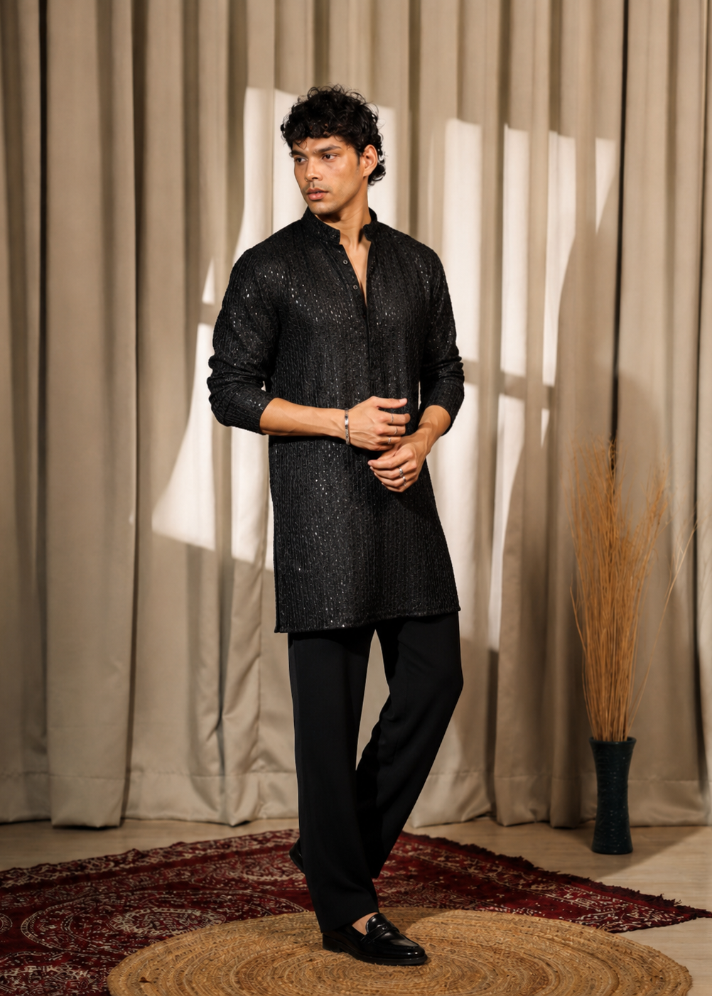 Black Shimmer Festive Kurta Trouser Set