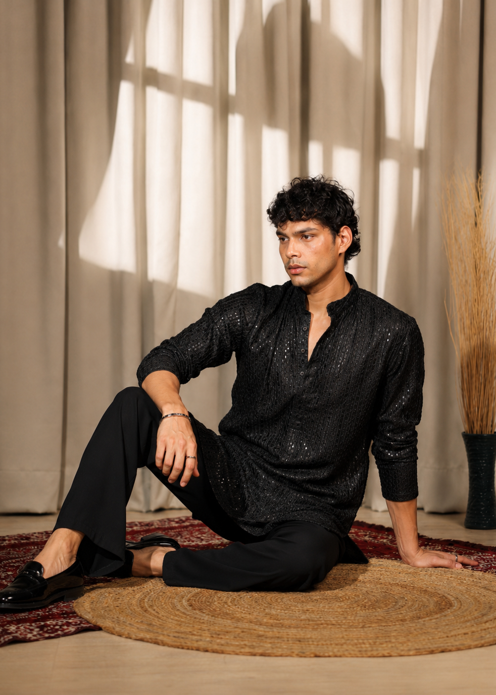 Black Shimmer Festive Kurta Trouser Set