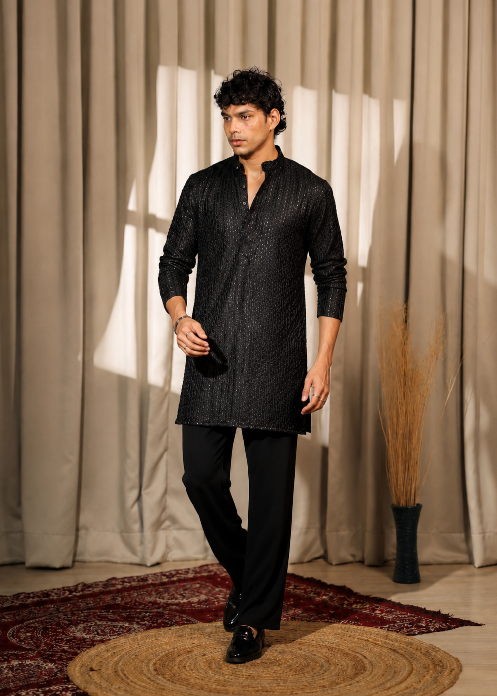 Black Shimmer Festive Kurta Trouser Set