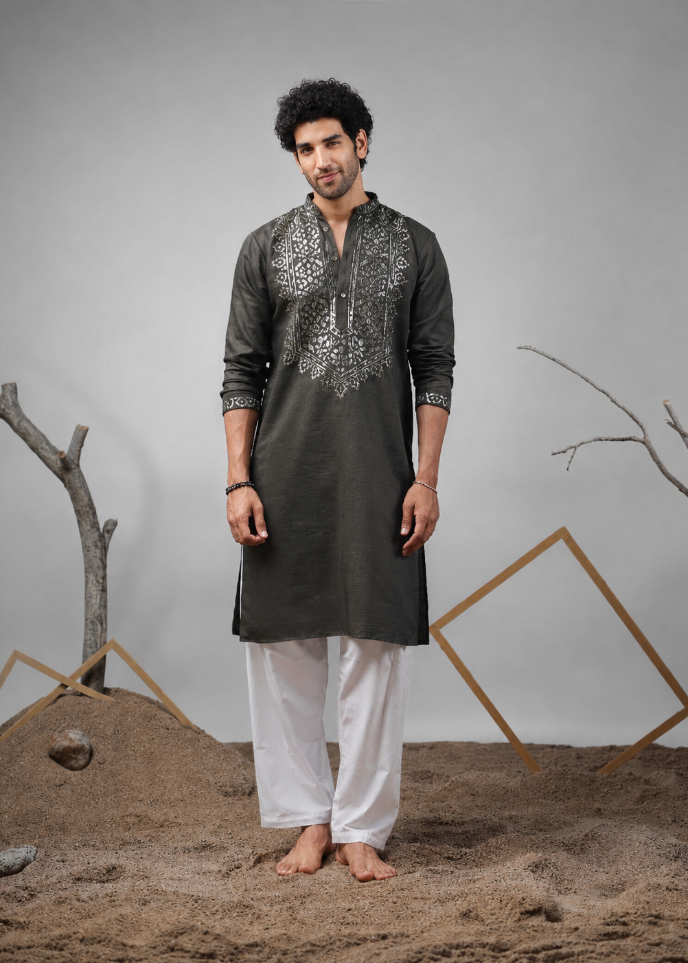 Men Charcoal Embroidered Kurta Trouser Set