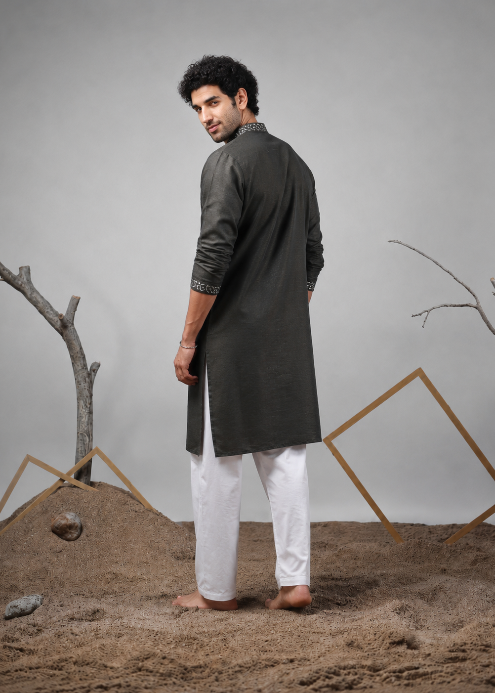 Men Charcoal Embroidered Kurta Trouser Set