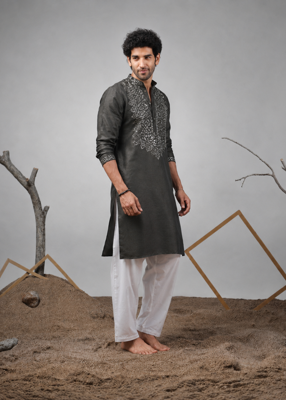 Men Charcoal Embroidered Kurta Trouser Set