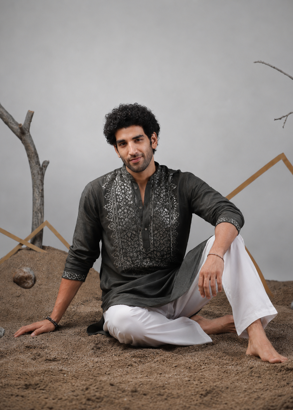 Men Charcoal Embroidered Kurta Trouser Set