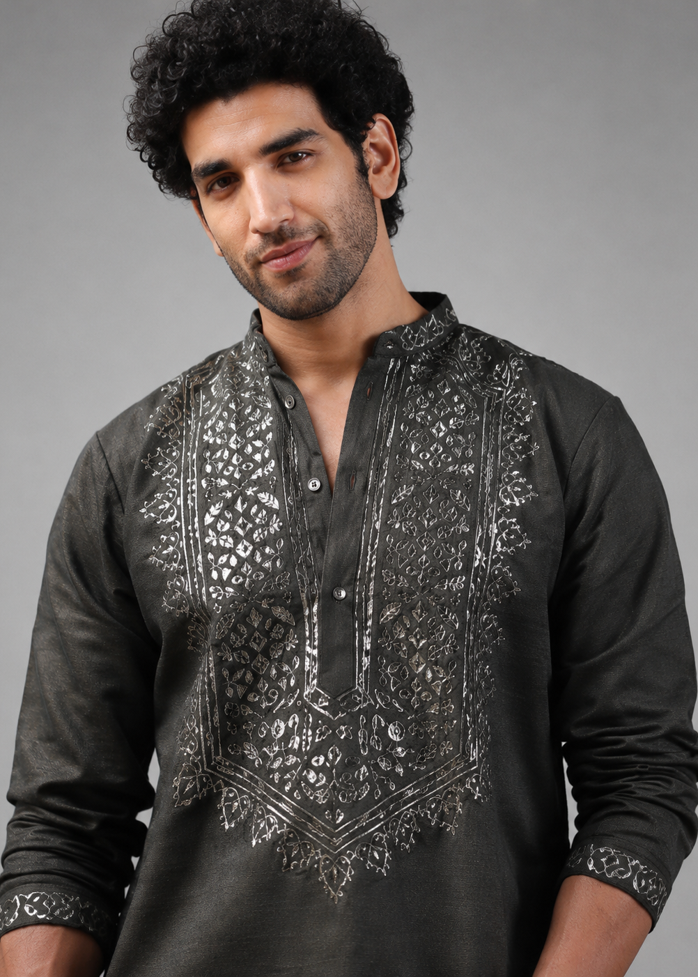 Men Charcoal Embroidered Kurta Trouser Set
