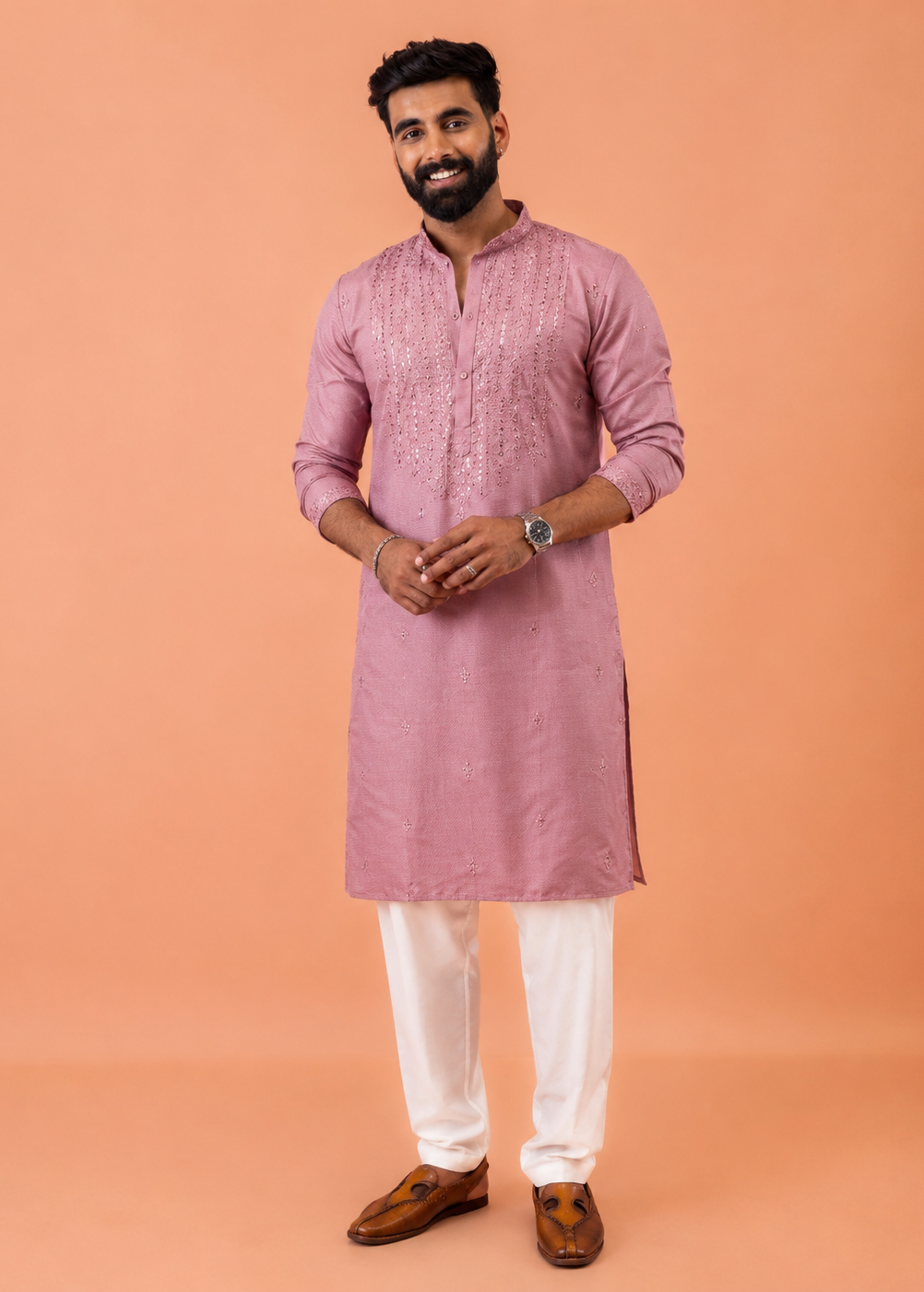 Pink Silk Blend Embroidered Kurta Trouser Set