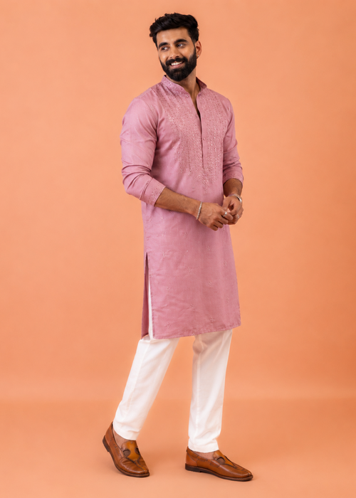 Pink Silk Blend Embroidered Kurta Trouser Set