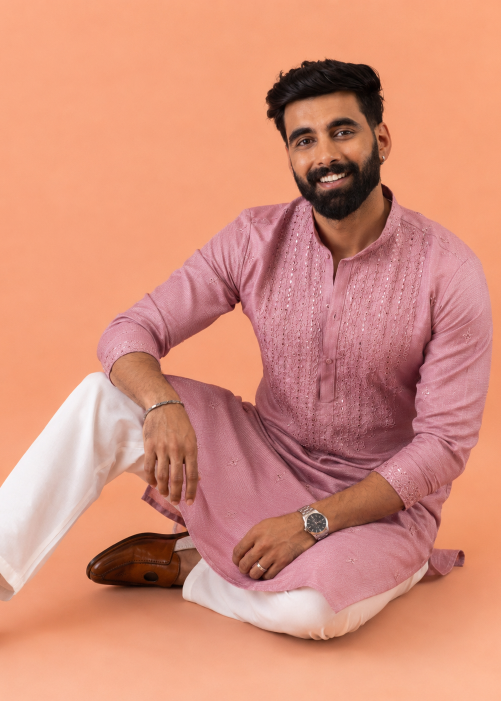 Pink Silk Blend Embroidered Kurta Trouser Set