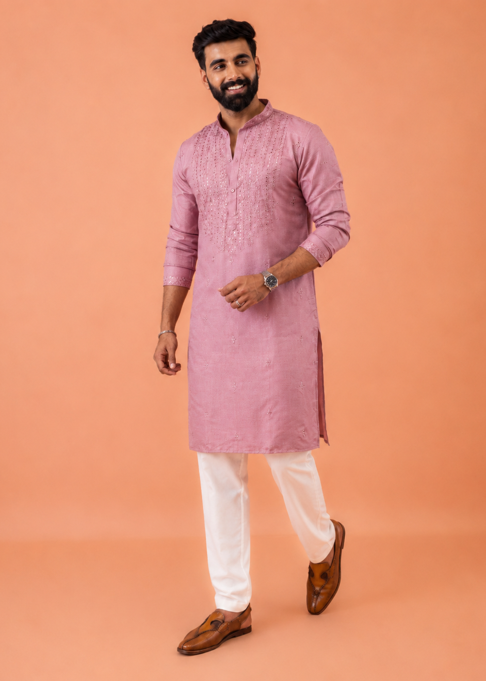 Pink Silk Blend Embroidered Kurta Trouser Set