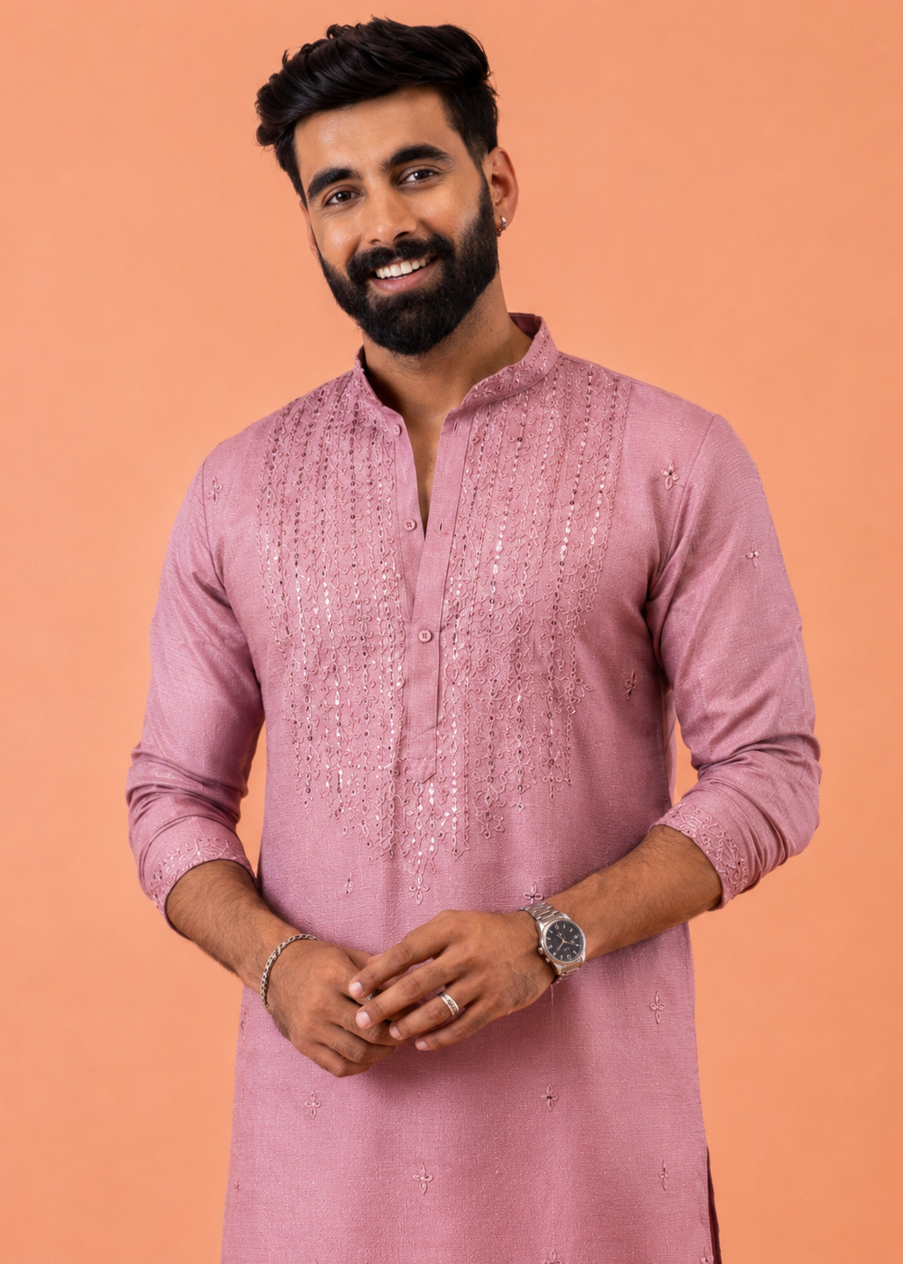 Pink Silk Blend Embroidered Kurta Trouser Set