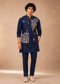 Navy Blue Silk Blend Metallic Jacket Kurta Trouser Set