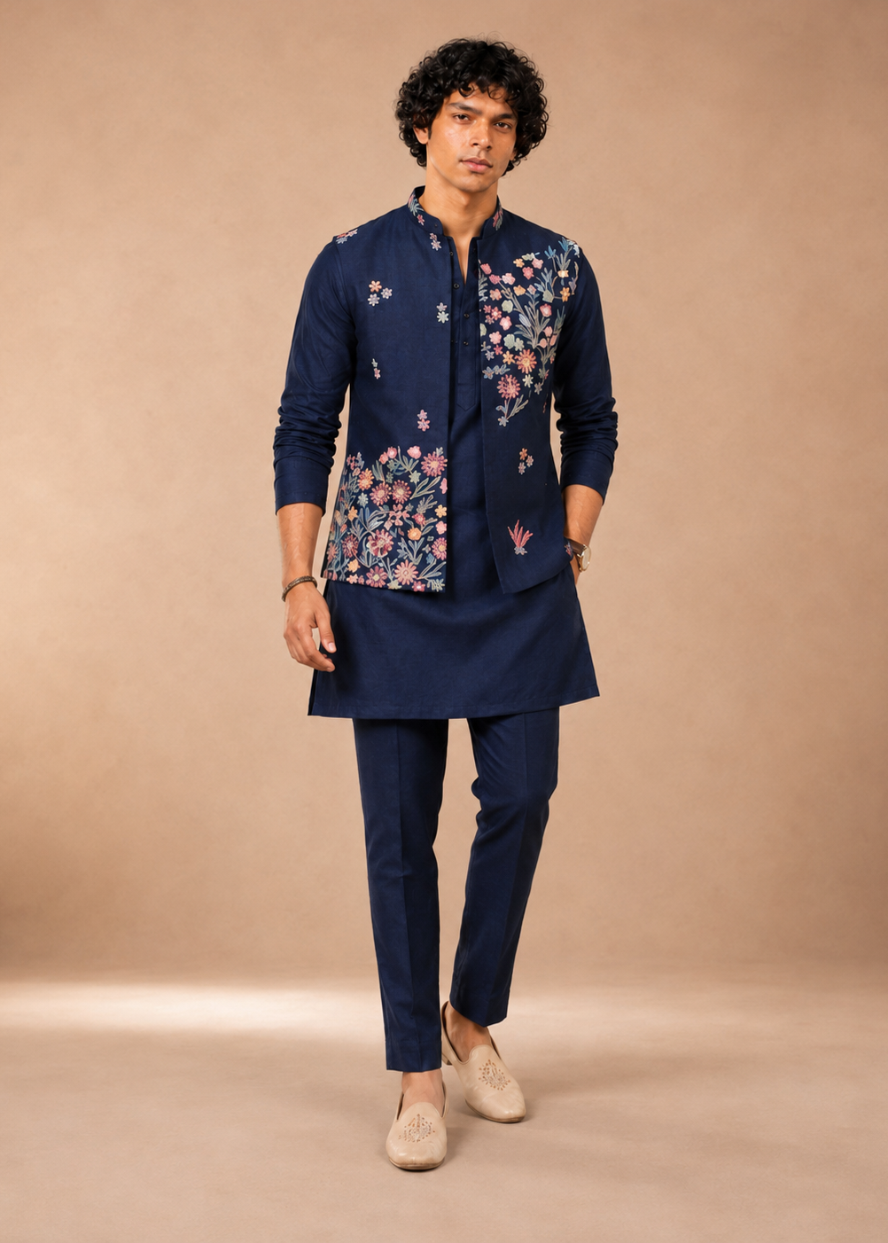 Navy Blue Silk Blend Metallic Jacket Kurta Trouser Set