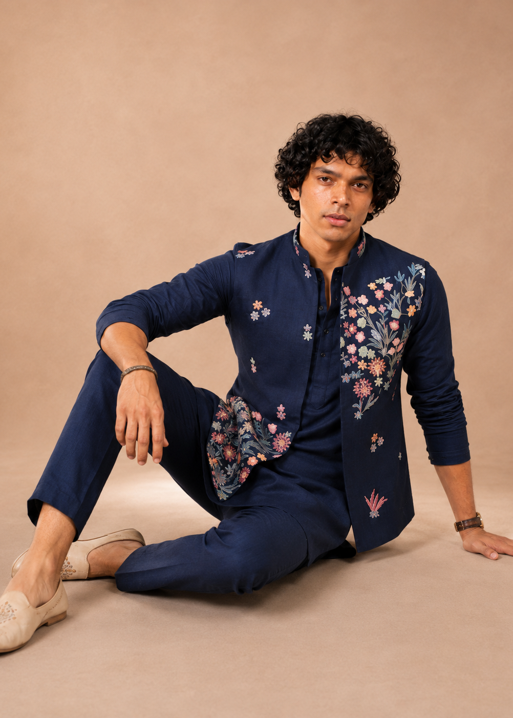 Navy Blue Silk Blend Metallic Jacket Kurta Trouser Set