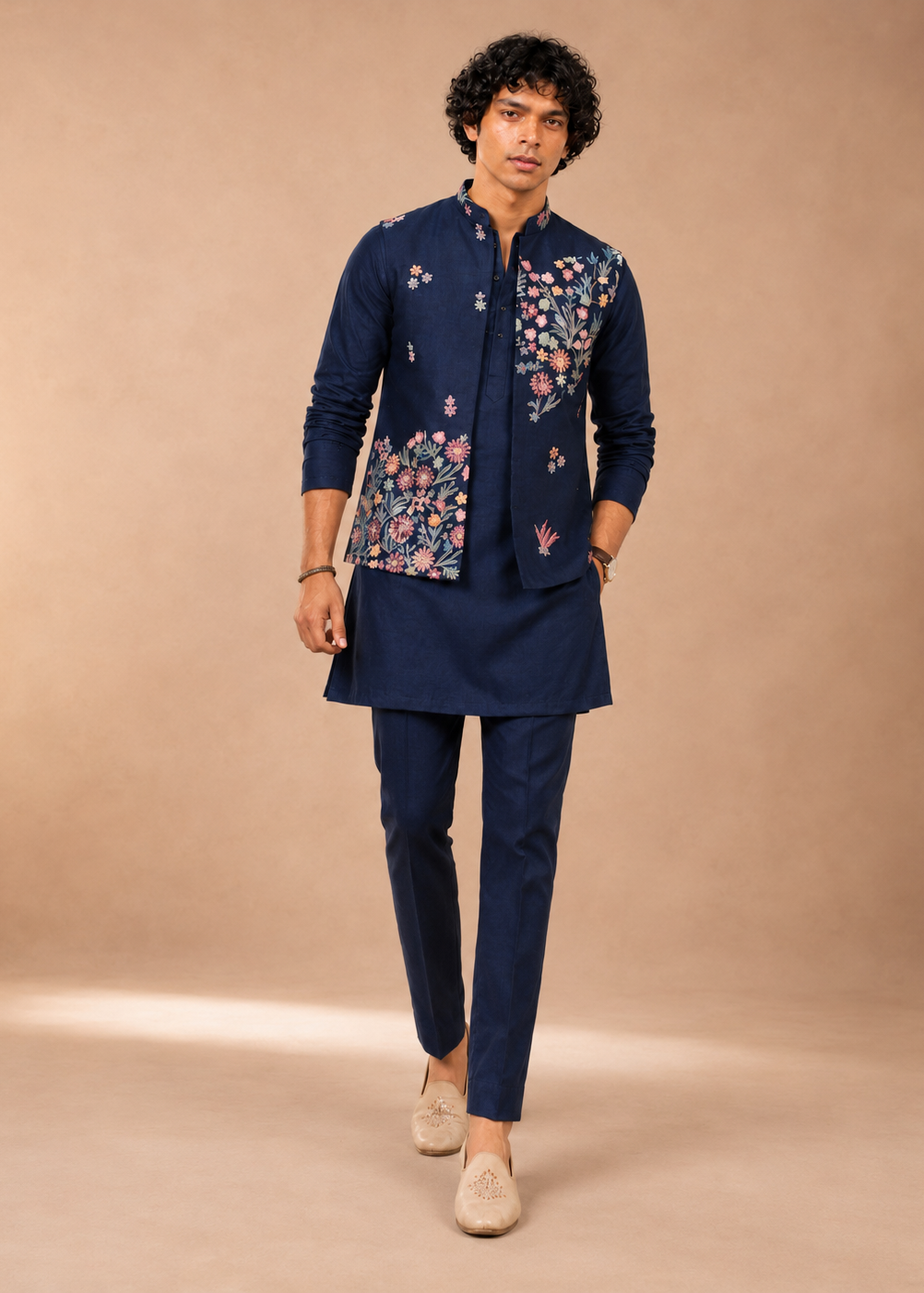 Navy Blue Silk Blend Metallic Jacket Kurta Trouser Set