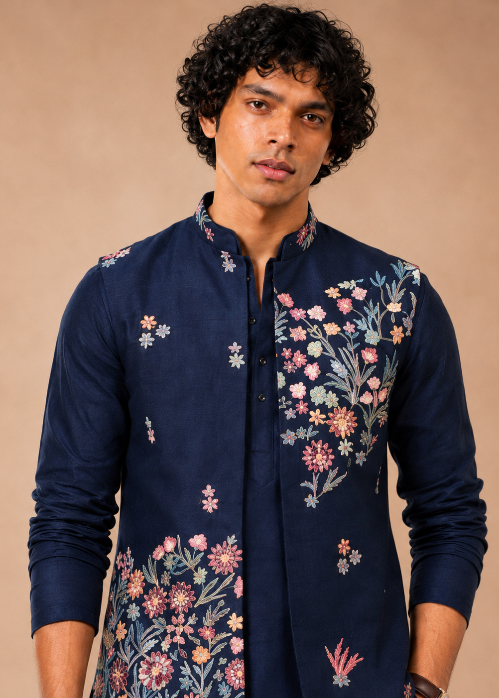 Navy Blue Silk Blend Metallic Jacket Kurta Trouser Set
