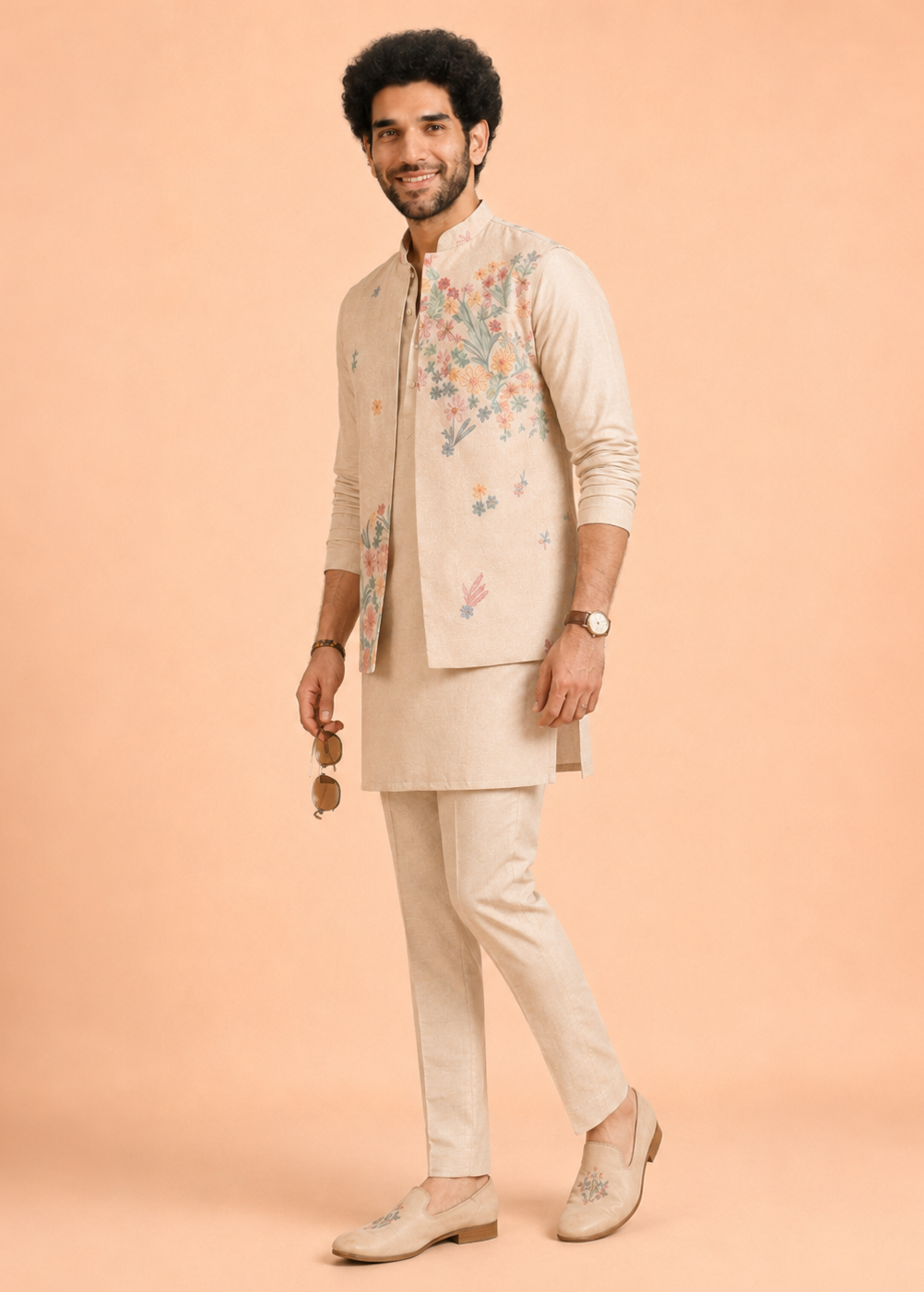 Peach Floral Elegance Kurta Jacket Trouser Set