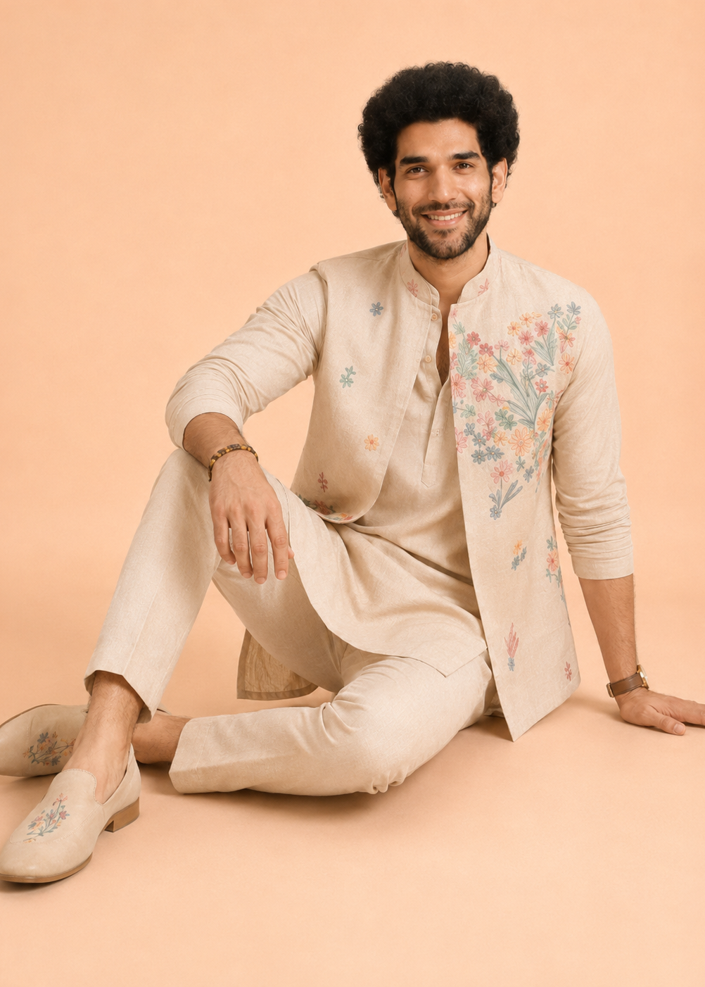 Peach Floral Elegance Kurta Jacket Trouser Set
