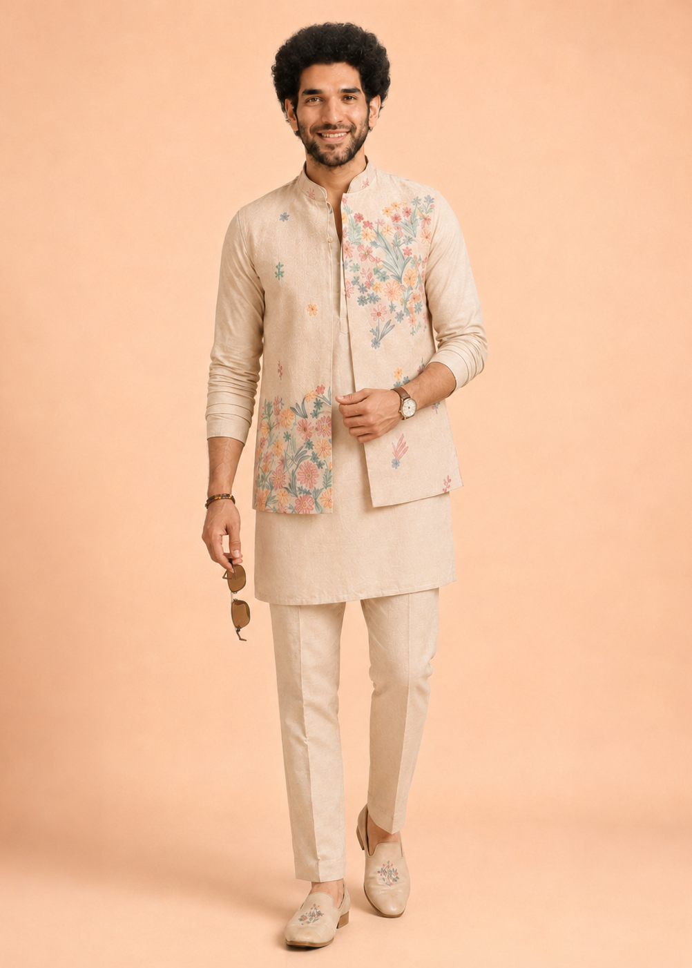 Peach Floral Elegance Kurta Jacket Trouser Set