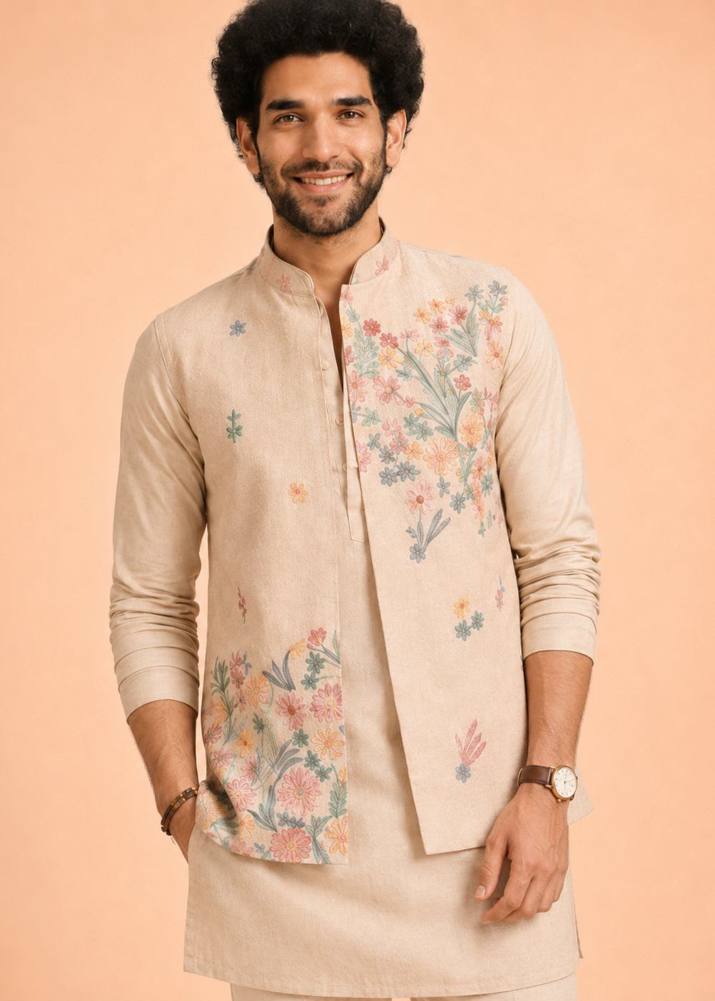 Peach Floral Elegance Kurta Jacket Trouser Set