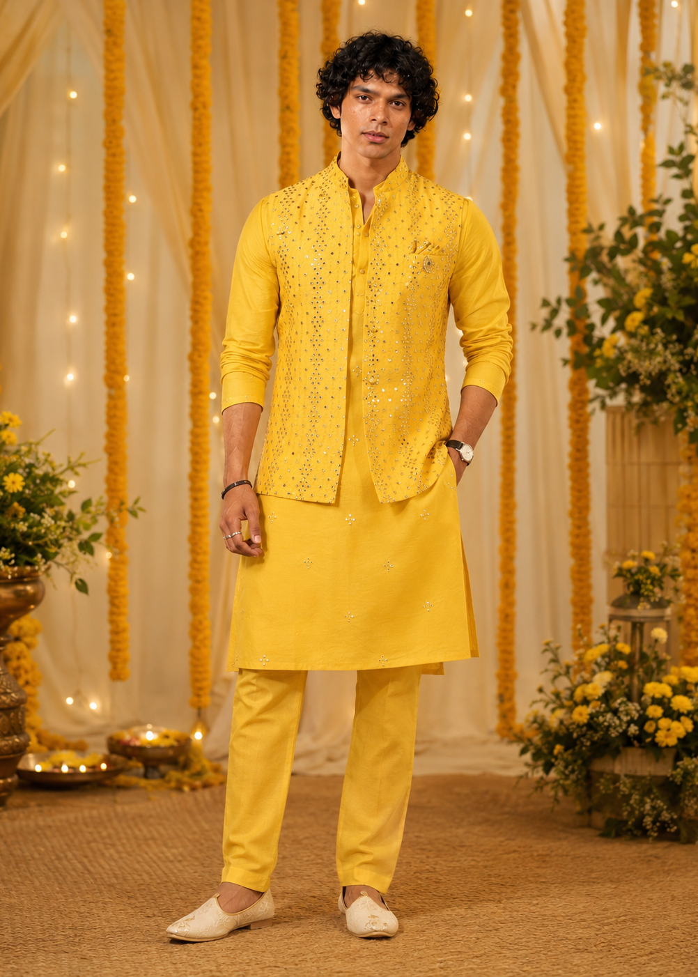 Yellow Mirrorwork Kurta Jacket Trouser Set