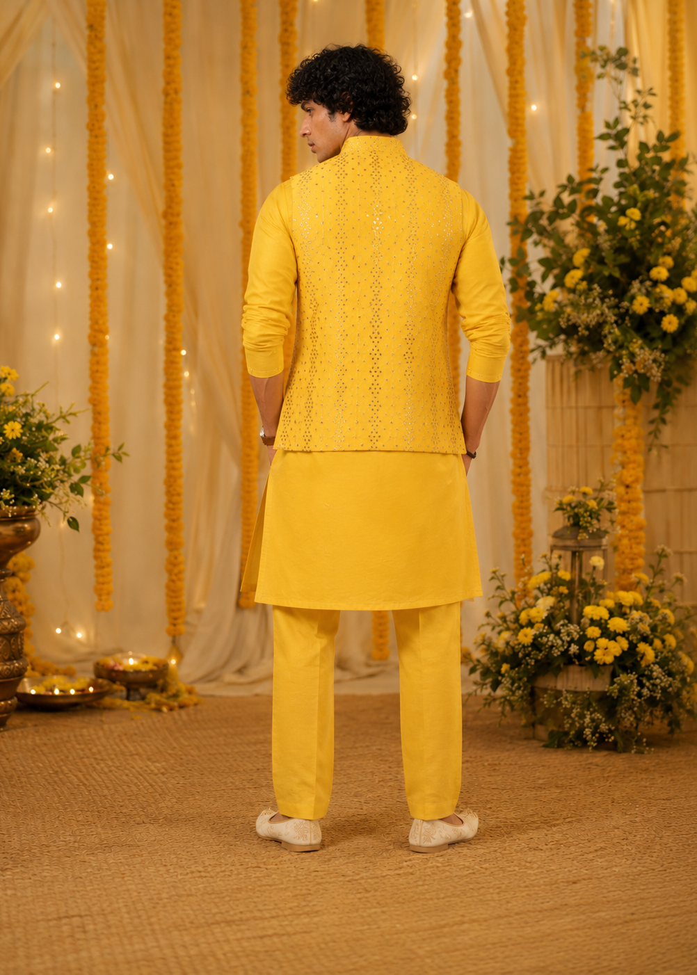 Yellow Mirrorwork Kurta Jacket Trouser Set