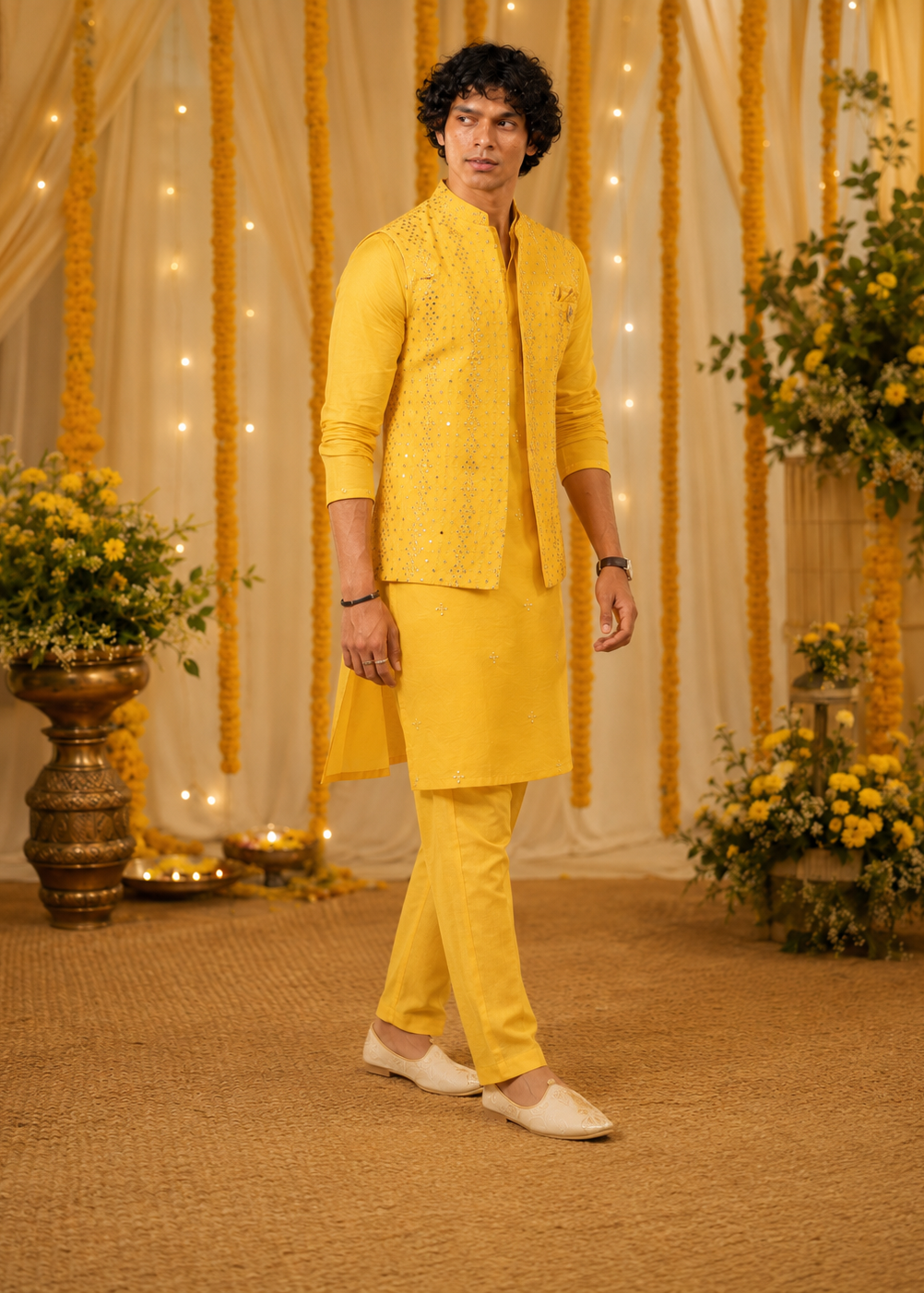 Yellow Mirrorwork Kurta Jacket Trouser Set