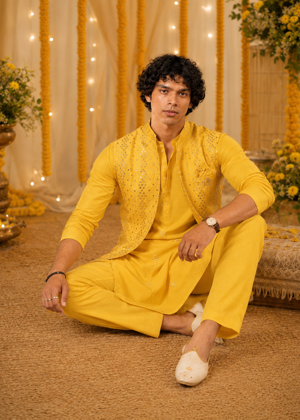 Yellow Mirrorwork Kurta Jacket Trouser Set