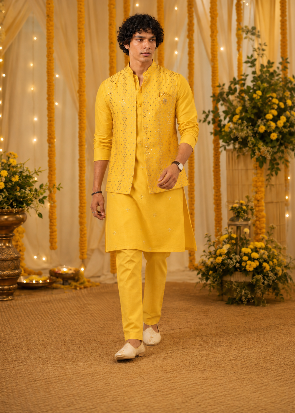 Yellow Mirrorwork Kurta Jacket Trouser Set